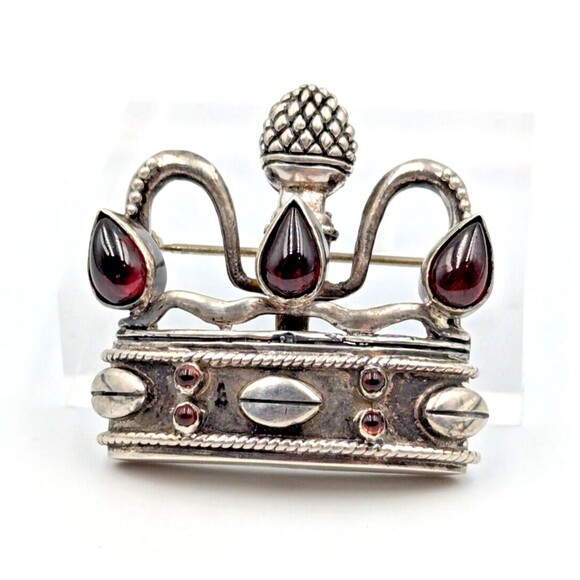 Vintage CMA 925 Sterling Silver Garnet Cabochon Crown Design Brooch Pin - Picture 1 of 7